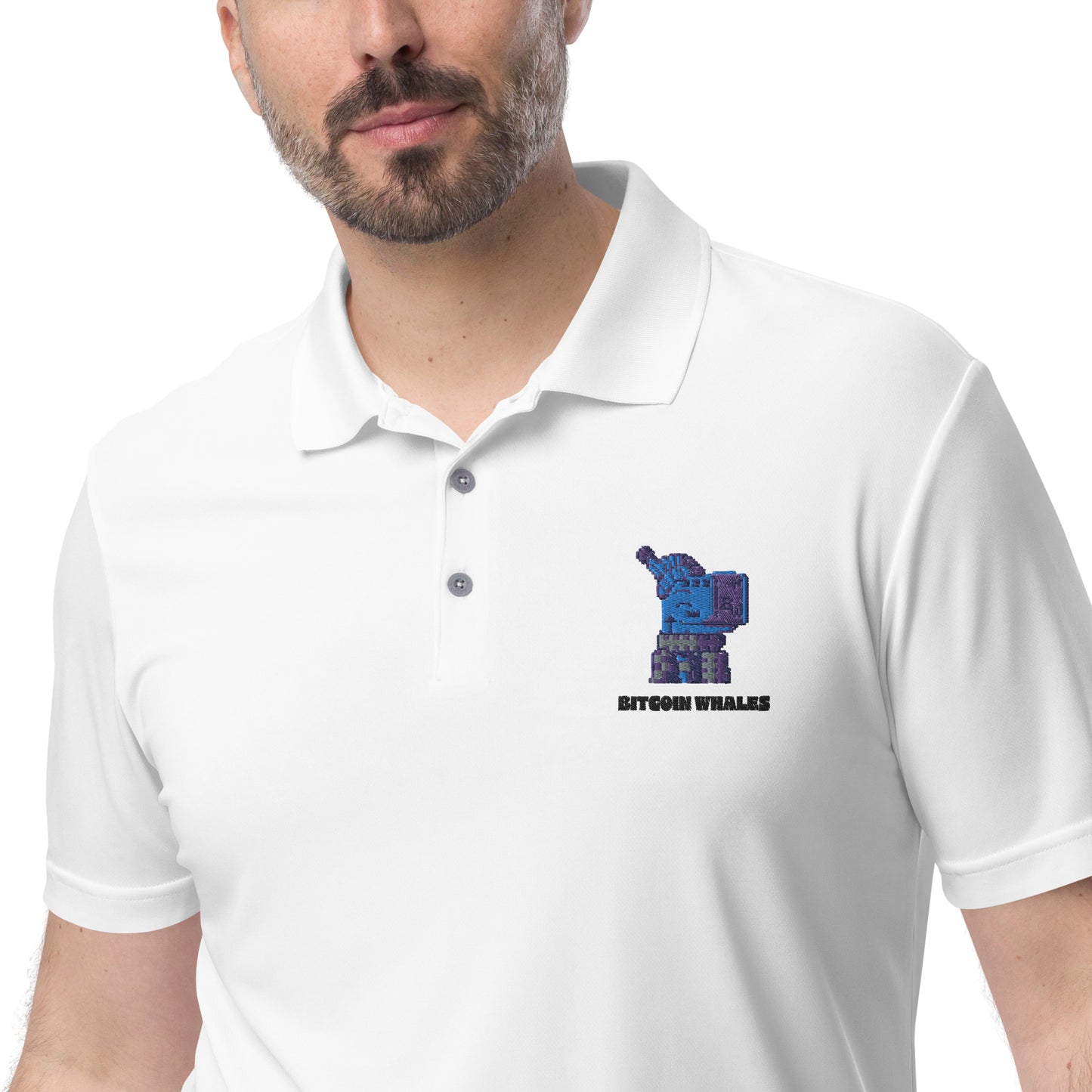 Blue Bitcoin Whale on polo shirt